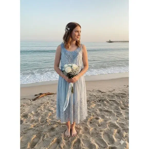 SUNDANCE Love Always Blue Lace Overlay Midi Dress Sz 6 Beach Coastal Romantic - Picture 4 of 14